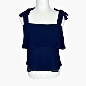 LOFT TIERED SQUARE NECK TANK TOP BOW STRAPS SIZE SMALL PETITE NAVY BLUE
